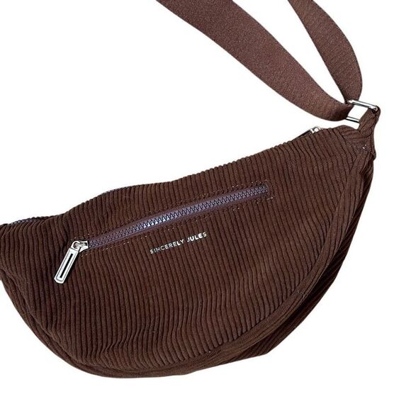 Sincerely Jules Corduroy Half Moon Sling Crossbody Bag W/ Earbuds Pouch Brown OS - Picture 2 of 5